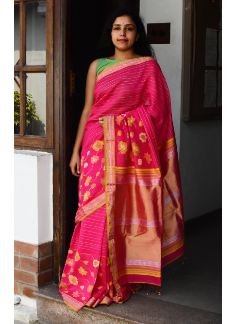 Pink, Handwoven Organic Cotton, Textured Weave , Jacquard, Handpicked, Festive Wear, Jari Saree
